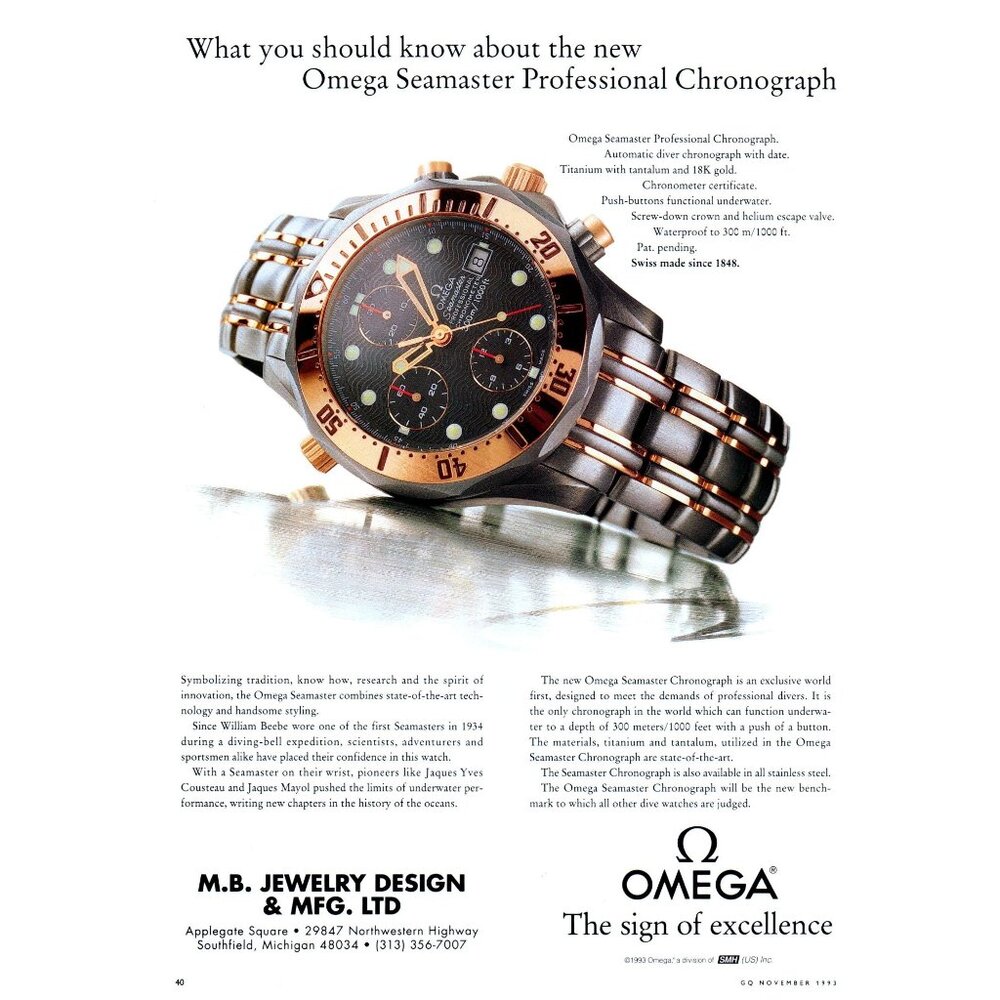 1993 Omega Seamaster Chronograph Watch Vintage Print Ad 90s Fashion Wall Art